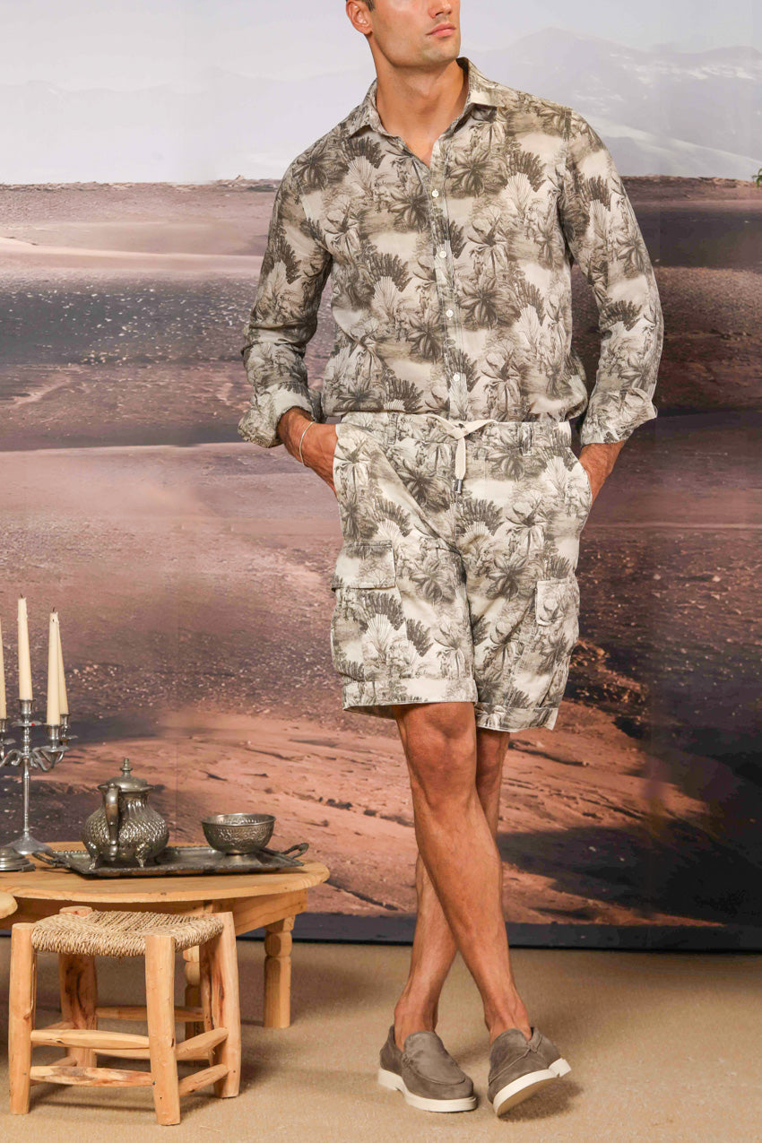 Cargo M74 Herren-Cargo-Bermuda aus Baumwoll-Hanf-Herringbone mit Blumenmuster Relaxed Fit