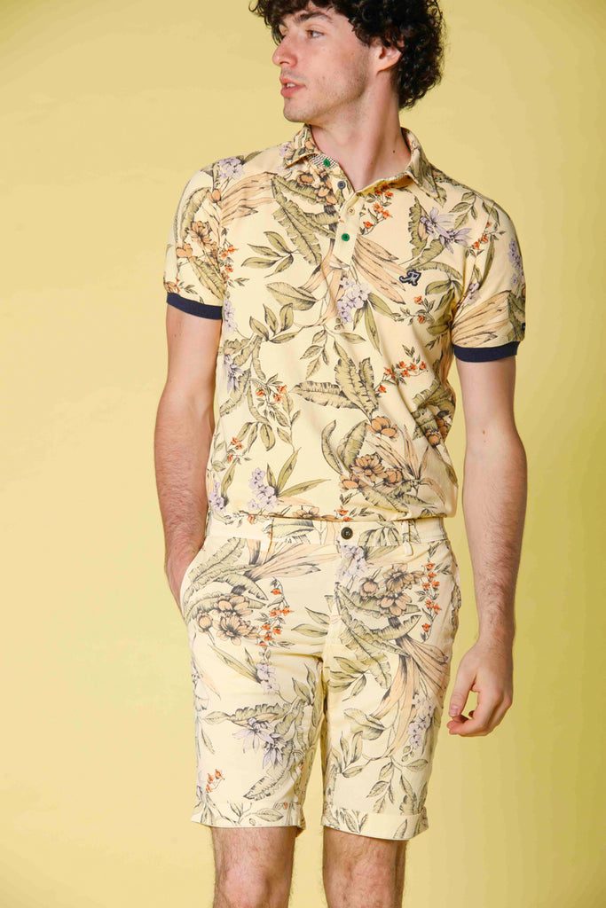 Image 2 of men's pique polo with floral print, print model, light yellow color by Mason's