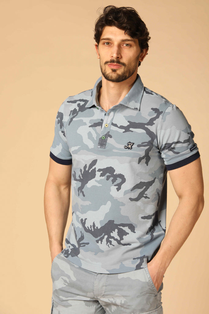 Image 2 of a men's Mason's polo shirt featuring a light blue camouflage pattern in a regular fit
