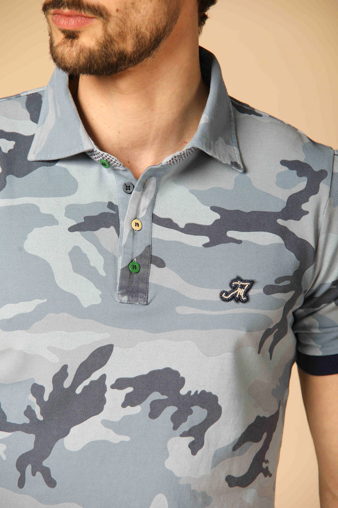 Image 3 of a men's Mason's polo shirt featuring a light blue camouflage pattern in a regular fit