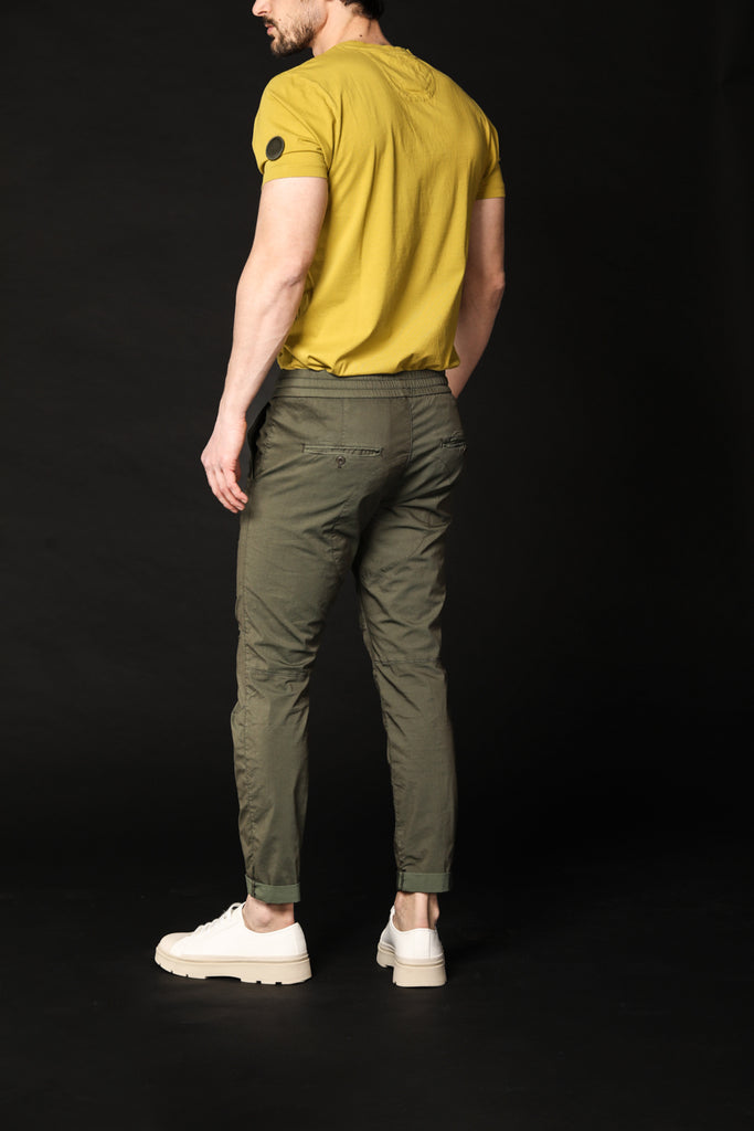 Image 4 of men's chino pants model John in green, carrot fit by Mason's