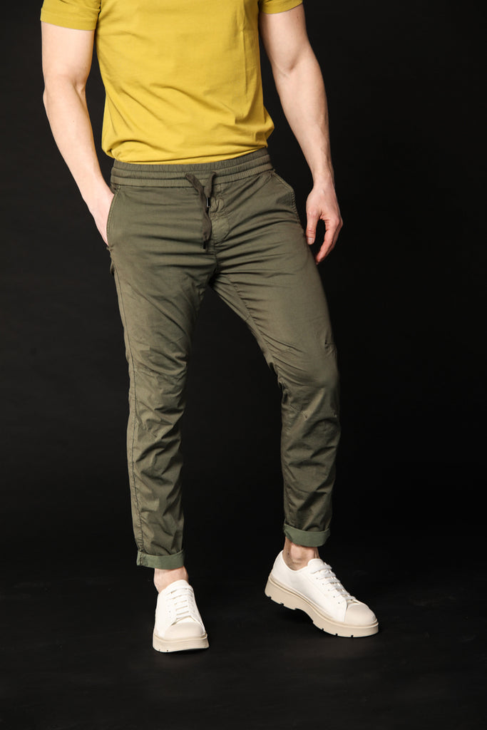 Image 2 of men's chino pants model John in green, carrot fit by Mason's