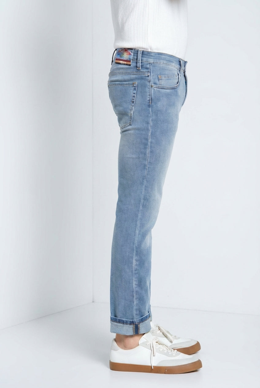 Harris men's 5-pocket pants in light wash denim Hawaii print slim fit