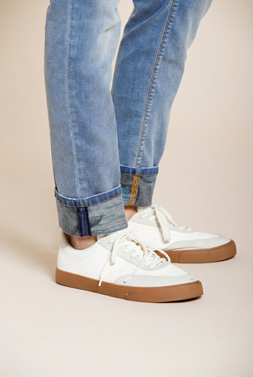 Harris Hose 5-Pocket Herren aus Denim helle Waschung Hawaii-Print slim fit