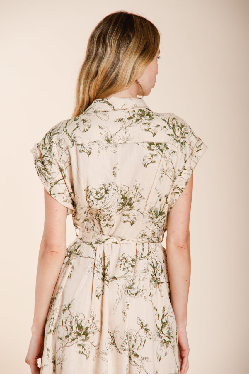 Yoko women's dress in linen and viscose blend canvas floral pattern