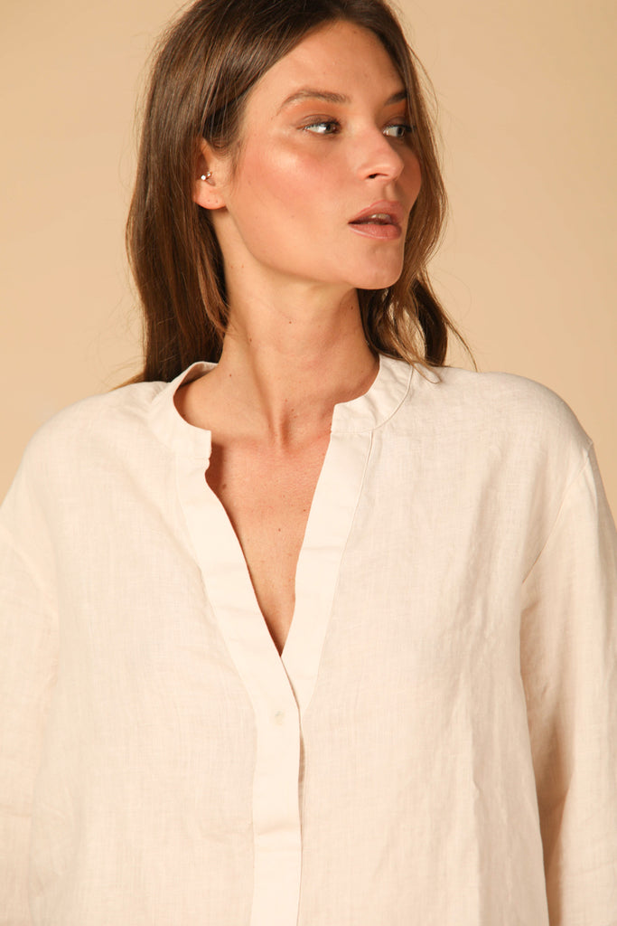 Image 3 of Mason's women's long-sleeve shirt with a Korean collar in stucco color