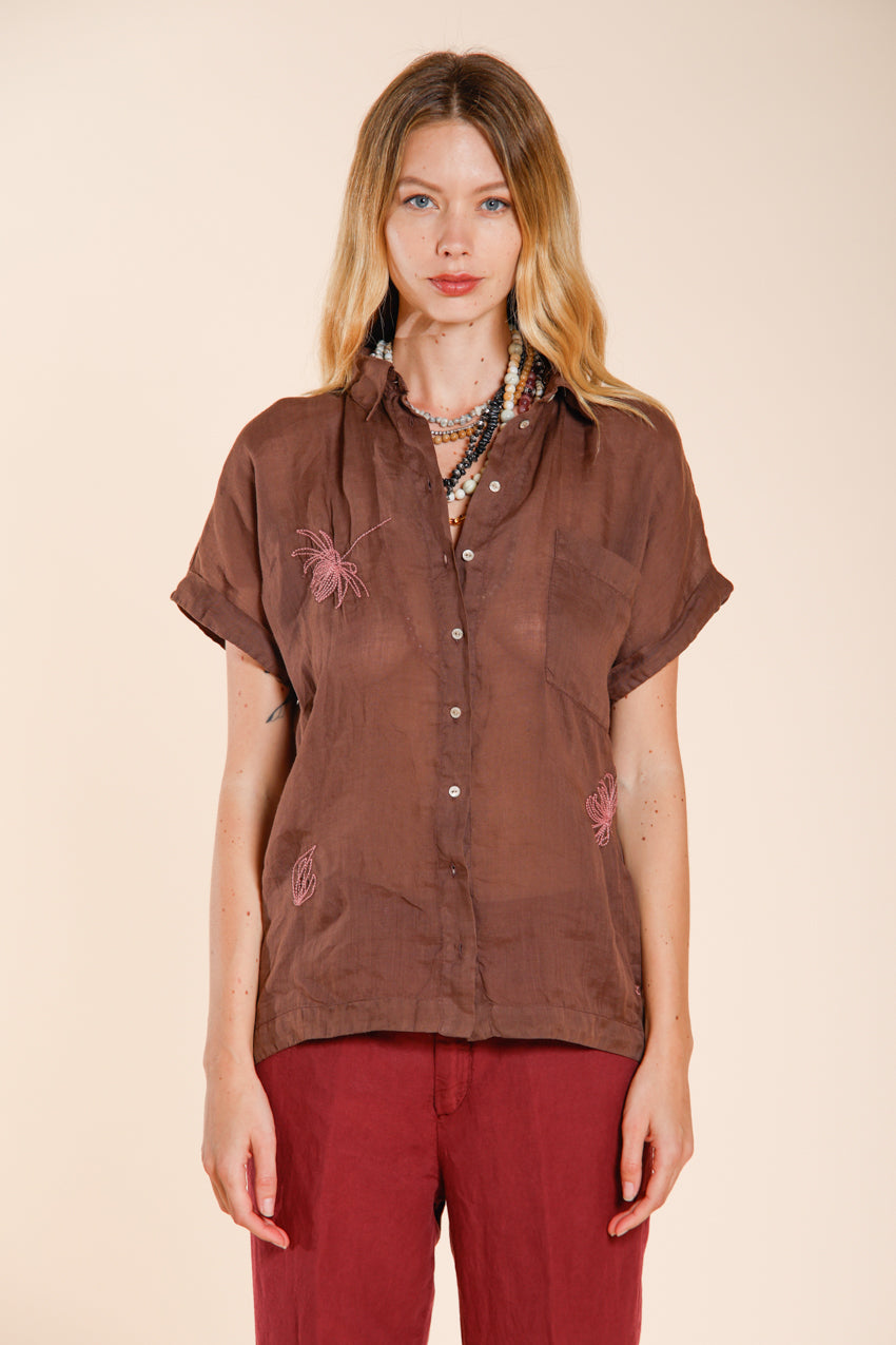 Livia women's shirt short sleeve in ramie flower embroidery