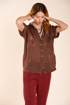 Livia women's shirt short sleeve in ramie flower embroidery