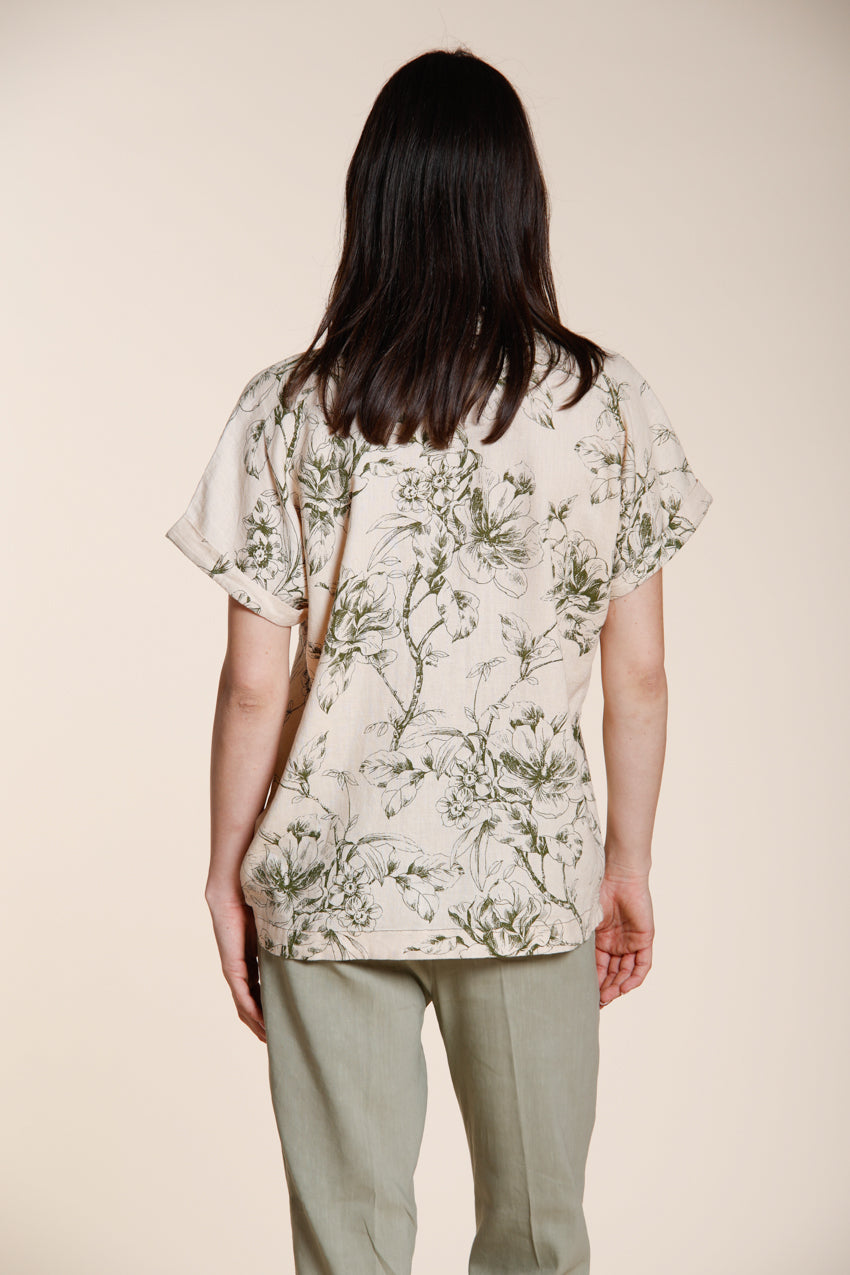 Livia women's shirt short sleeve in linen and viscose blend canvas floral pattern