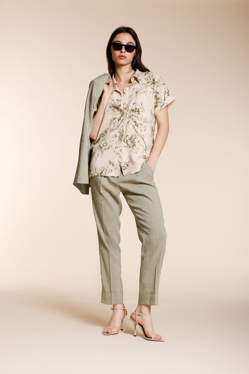 Livia women's shirt short sleeve in linen and viscose blend canvas floral pattern
