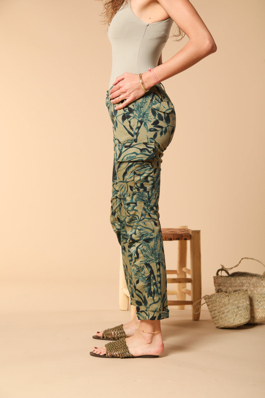 Chile City pantalone cargo donna in raso con stampa a fiori slim fit