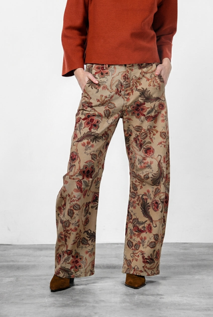 Vivienne City Women's Chino Trousers in Bull Fabric with Large Floral Print, Balloon Fit