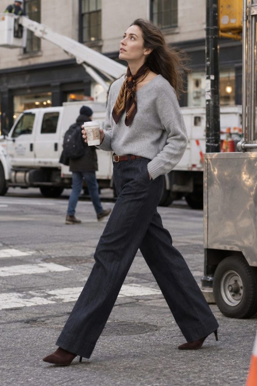 New York Wide pantalone chino 5 tasche donna in denim stretch wide leg