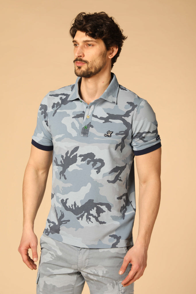 Image 1 of a men's Mason's polo shirt featuring a light blue camouflage pattern in a regular fit
