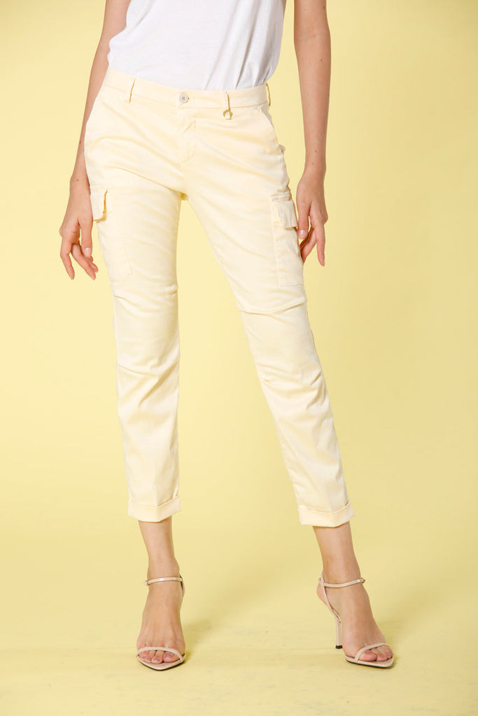Image 1 of women's cargo pants in light yellow colored stretch satin Chile City model by Mason's