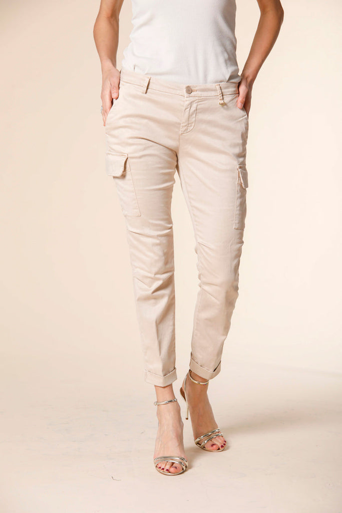 Image 1 of women's cargo pants in dark khaki colored stretch satin Chile City model by Mason's