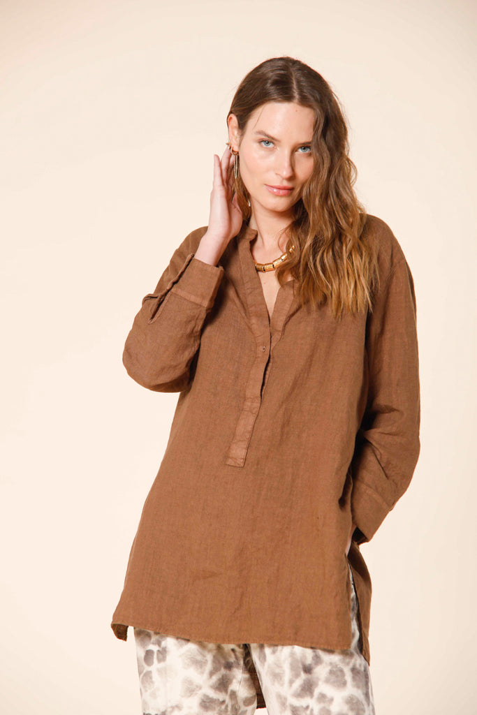 image 1 of woman's long sleeve shirt in linen with korean collar india model in burn brown by mason's 