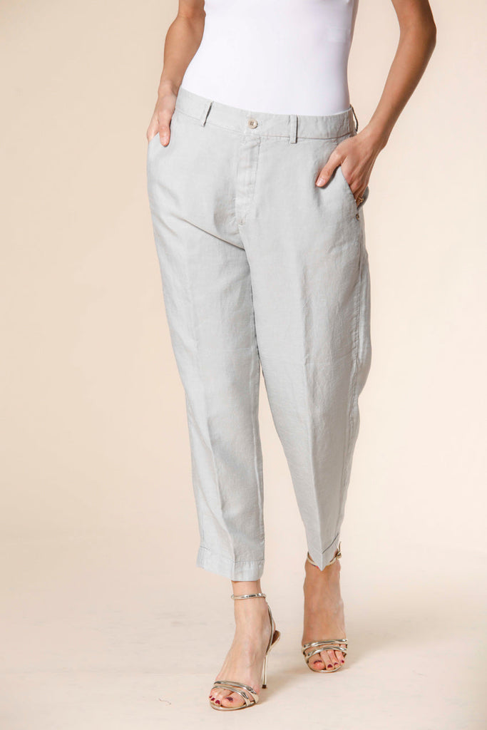 Image 1 of women's chino jogger pants in light blue colored tencel and linel mat fabric Linda Summer model by Mason's 