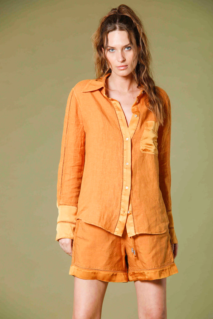 image 1 of woman's long sleeve shirt in linen nicole patch model in orange by mason's