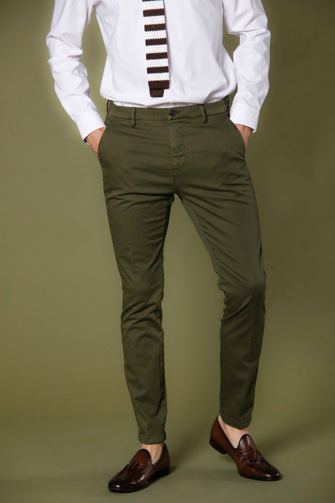 Image 1 of men's green cotton and tencel tricot chino pants in carrot fit Osaka Style model by Mason's
