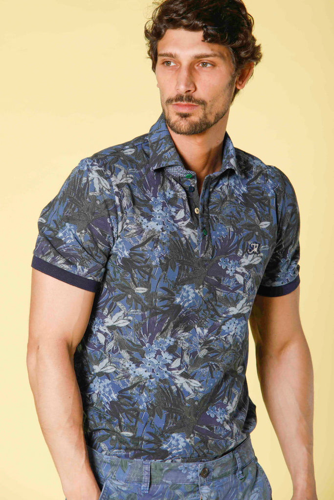 image 1 of men's polo in piquet with green flower pattern print model in blue royal regular fit by mason's 