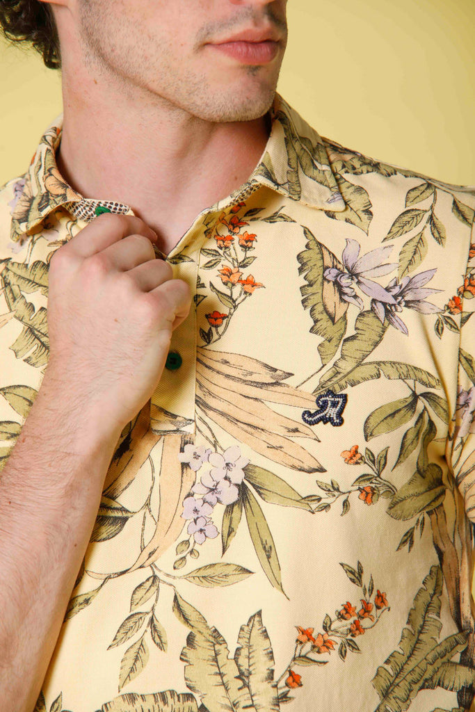 Image 1 of men's pique polo with floral print, print model, light yellow color by Mason's