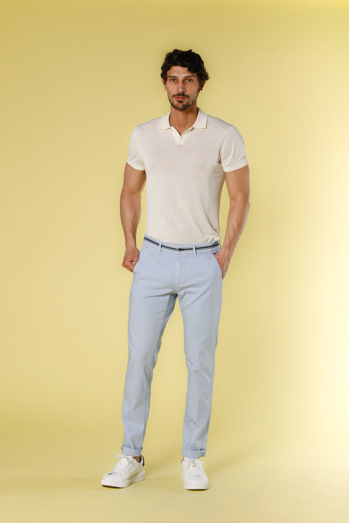 Image 1 of men's sky-colored stretch satin chino pants with ribbons model Torino Tapes by Mason's