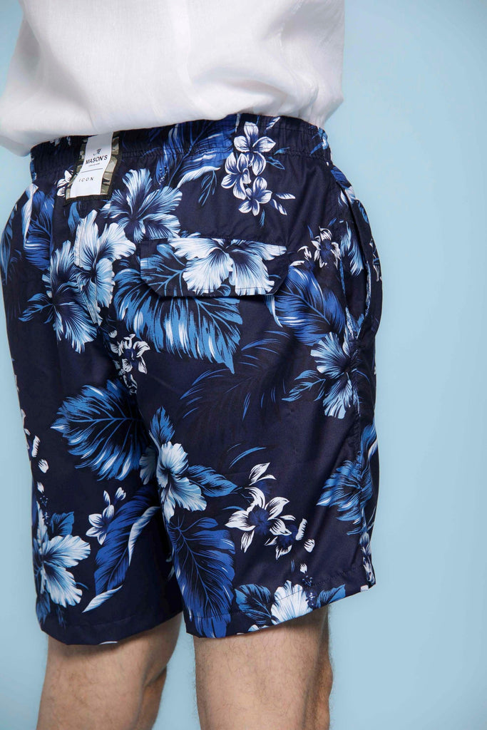 Versilia Beach Chinos man swimming trunks with blue ibiscus pattern in polyester
