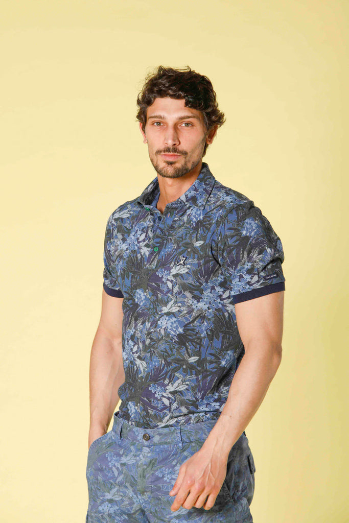 image 3 of men's polo in piquet with green flower pattern print model in blue royal regular fit by mason's 