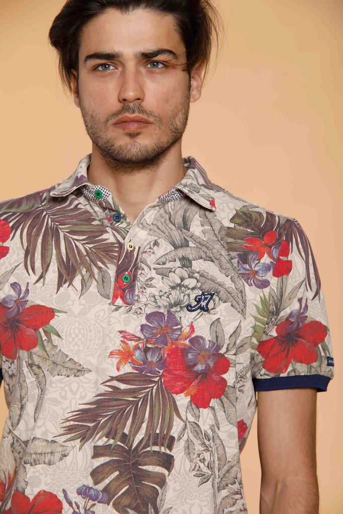 Print man polo shirt in cotton with red flower pattern and details