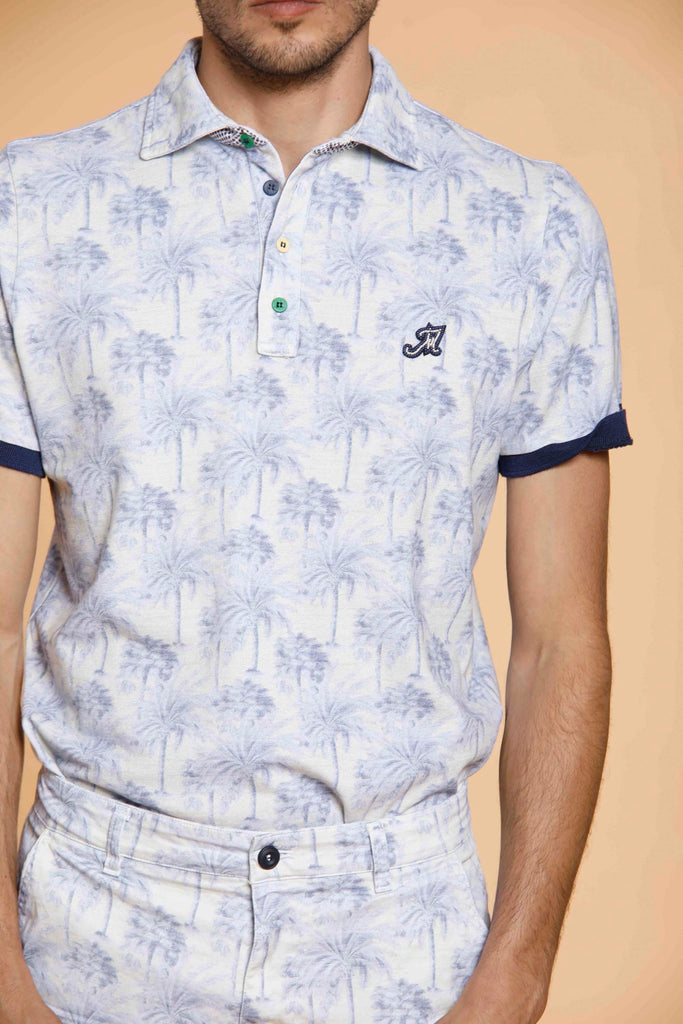 Print man polo shirt in cotton with palm pattern and details