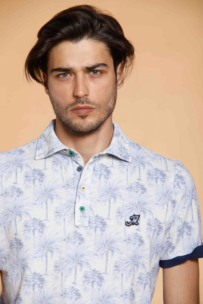Print man polo shirt in cotton with palm pattern and details