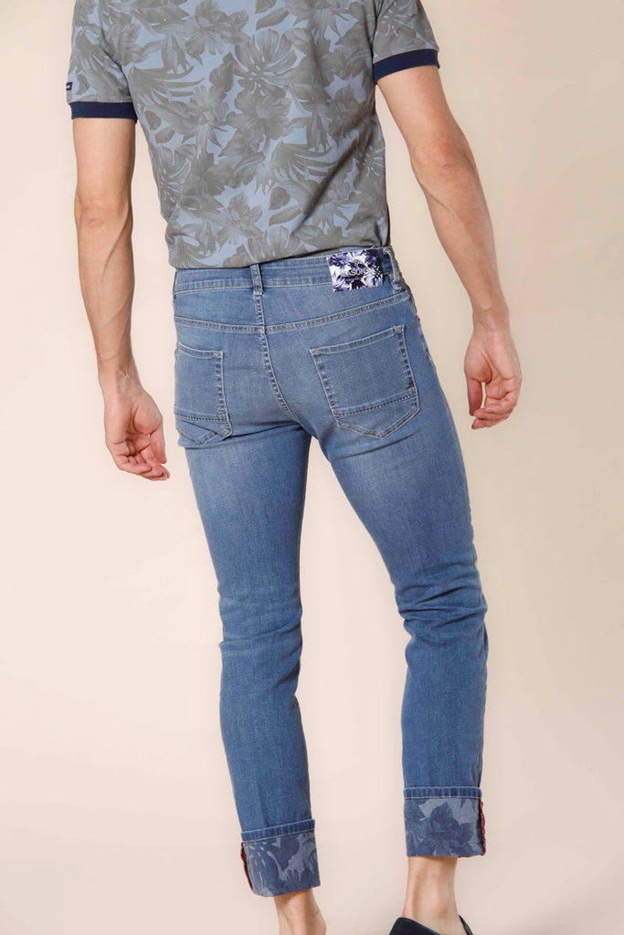 Harris 5 pockets men's pants in stretch denim with hawaii flower pattern slim