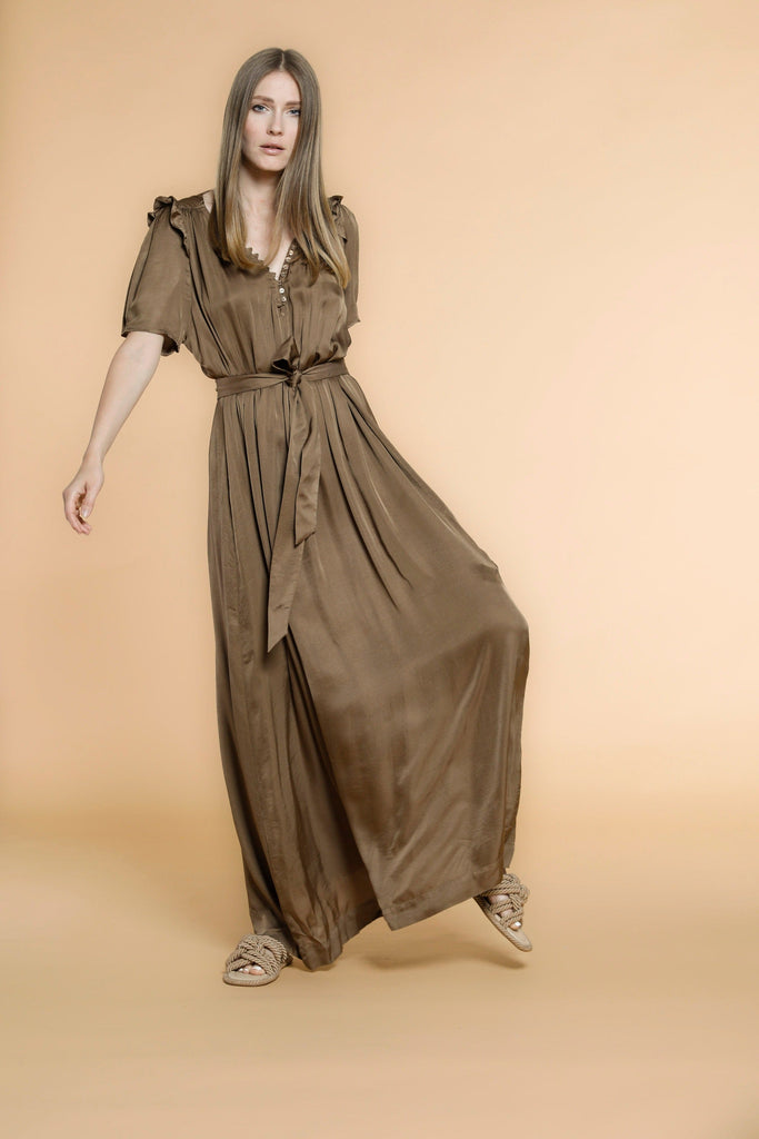 Kim woman long dress in viscose with short sleeves, belt and details