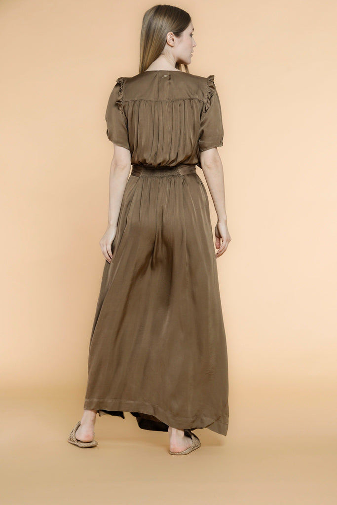 Kim woman long dress in viscose with short sleeves, belt and details