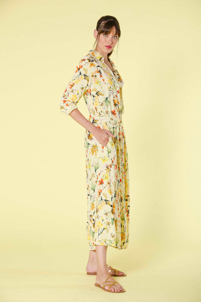 image 3 of woman's long dress in popeline with wildflowers pattern nicole dress in light yellow regular fit by mason's 