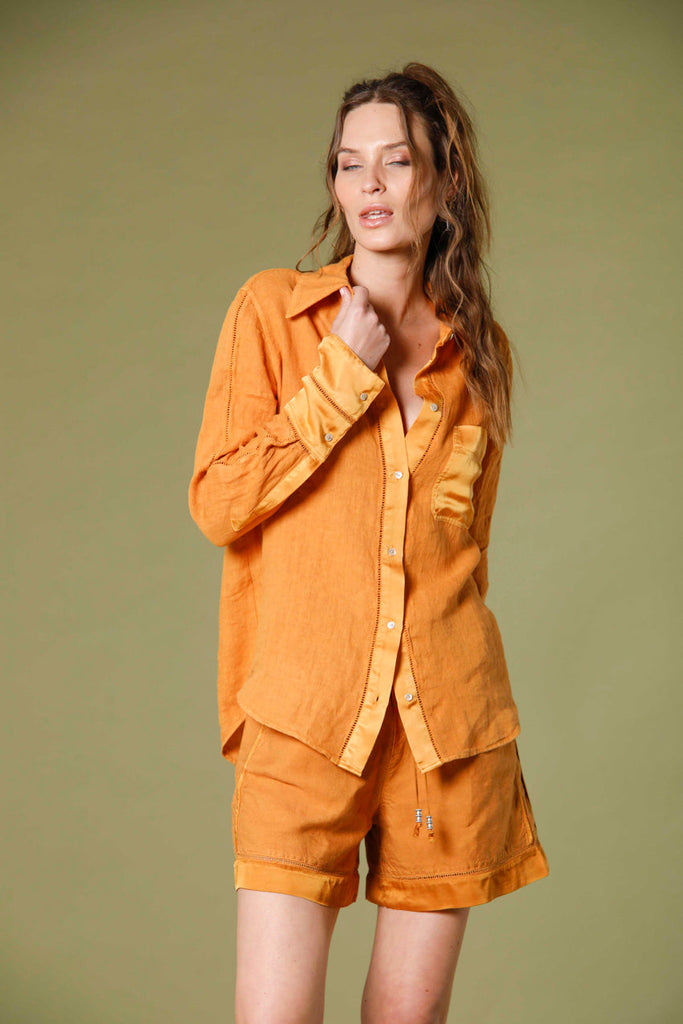 image 3 of woman's long sleeve shirt in linen nicole patch model in orange by mason's
