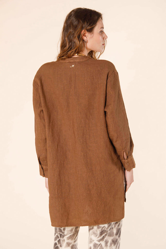 image 3 of woman's long sleeve shirt in linen with korean collar india model in burn brown by mason's 