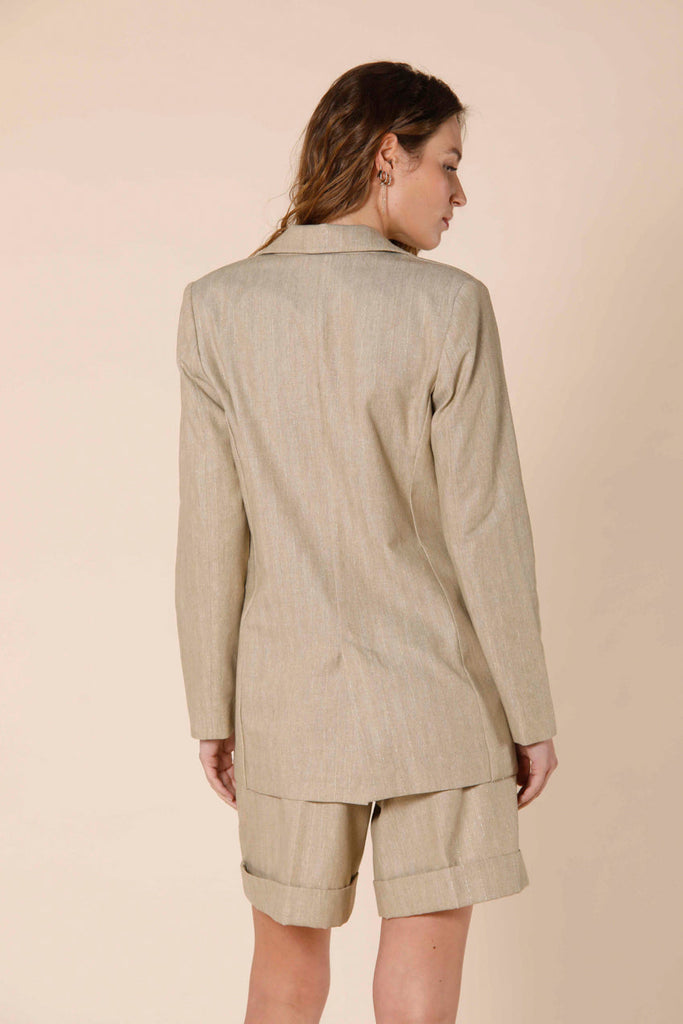 Image 4 of women's long blazer with one button in beige colored mat fabric with lurex stripe Irene model by Mason's