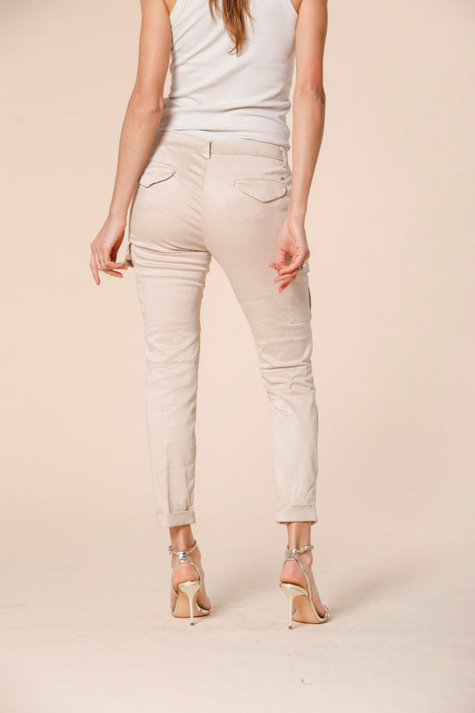 Image 3 of women's cargo pants in dark khaki colored stretch satin Chile City model by Mason's