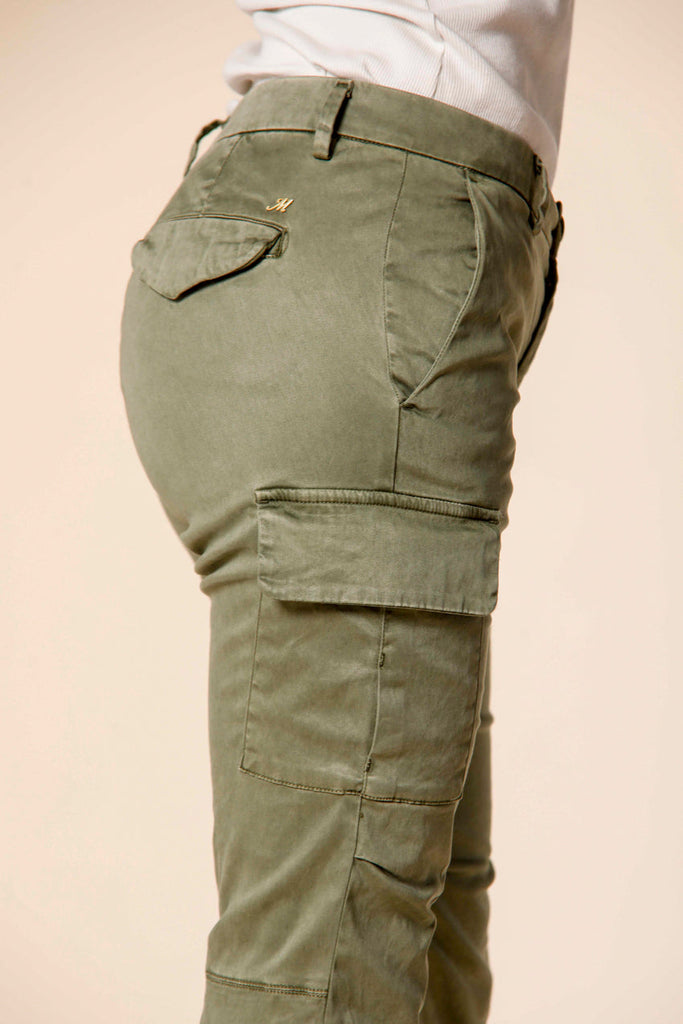 Image 2 of women's cargo pants in green colored stretch satin Chile City model by Mason's