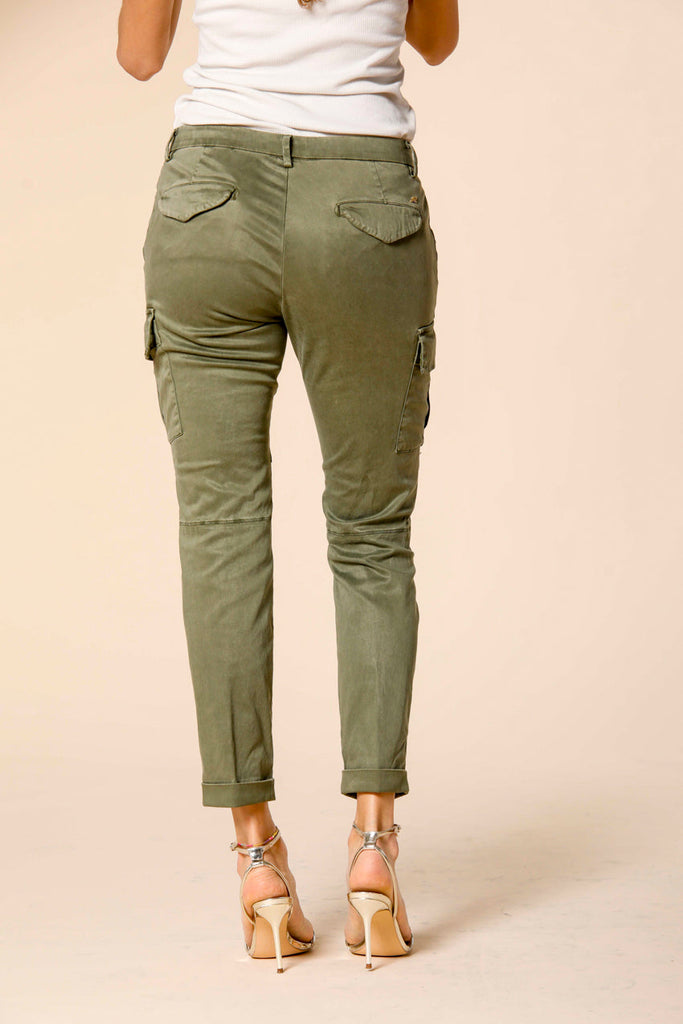 Image 3 of women's cargo pants in green colored stretch satin Chile City model by Mason's