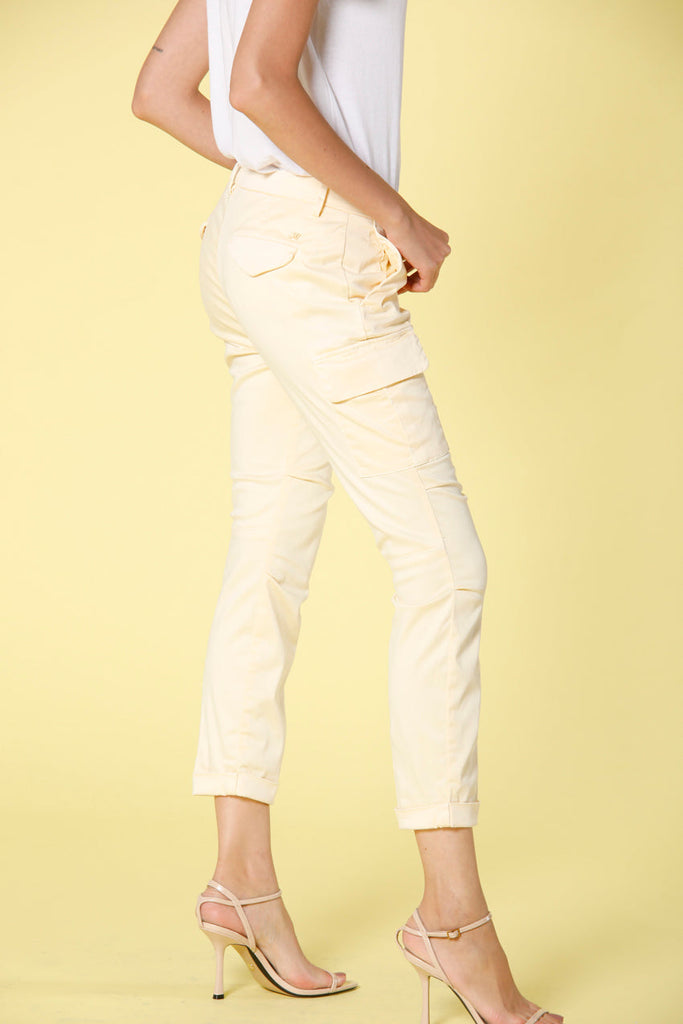 Image 4 of women's cargo pants in light yellow colored stretch satin Chile City model by Mason's