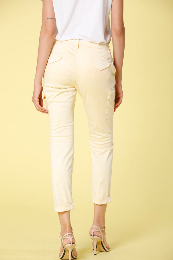 Image 3 of women's cargo pants in light yellow colored stretch satin Chile City model by Mason's