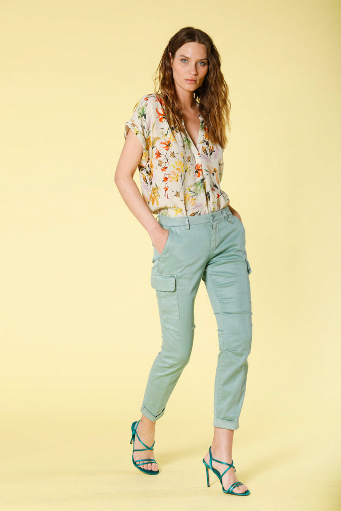 Image 2 of women's cargo pants in mint green colored stretch satin Chile City model by Mason's