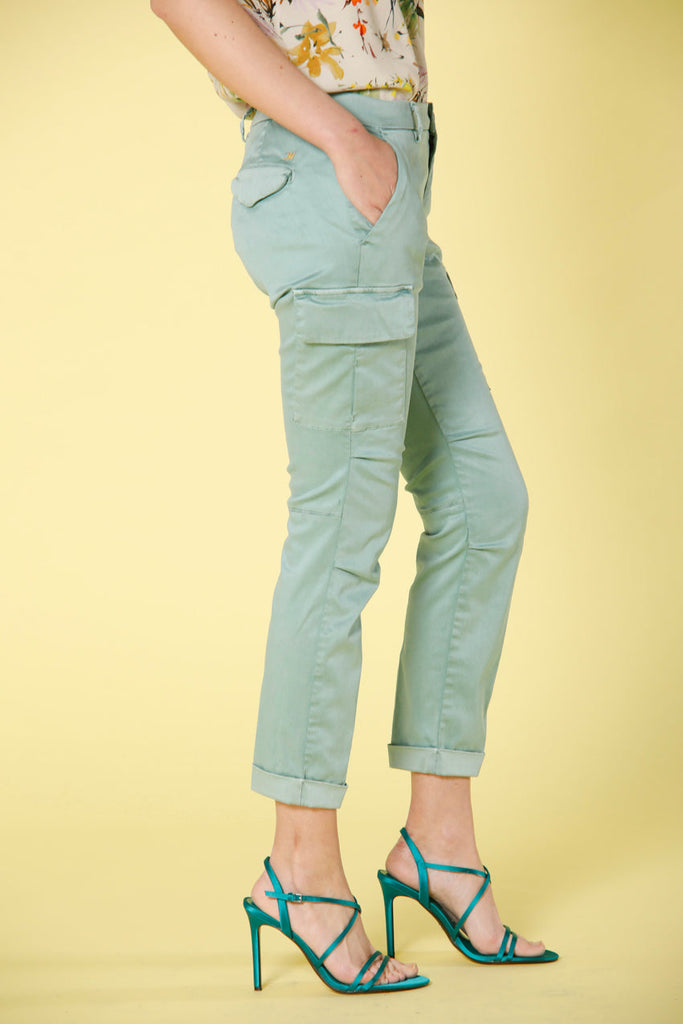 Image 5 of women's cargo pants in mint green colored stretch satin Chile City model by Mason's