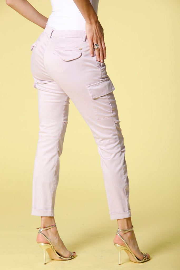 Image 3 of women's cargo pants in wisteria colored tretch satin Chile City model by Mason's