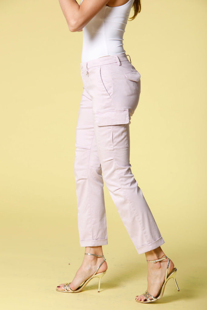Image 4 of women's cargo pants in wisteria colored tretch satin Chile City model by Mason's