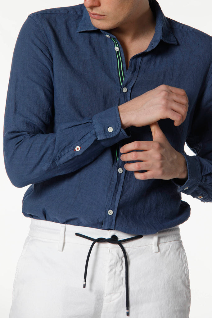 Torino man shirt in linen with long sleeves and ribbon regular