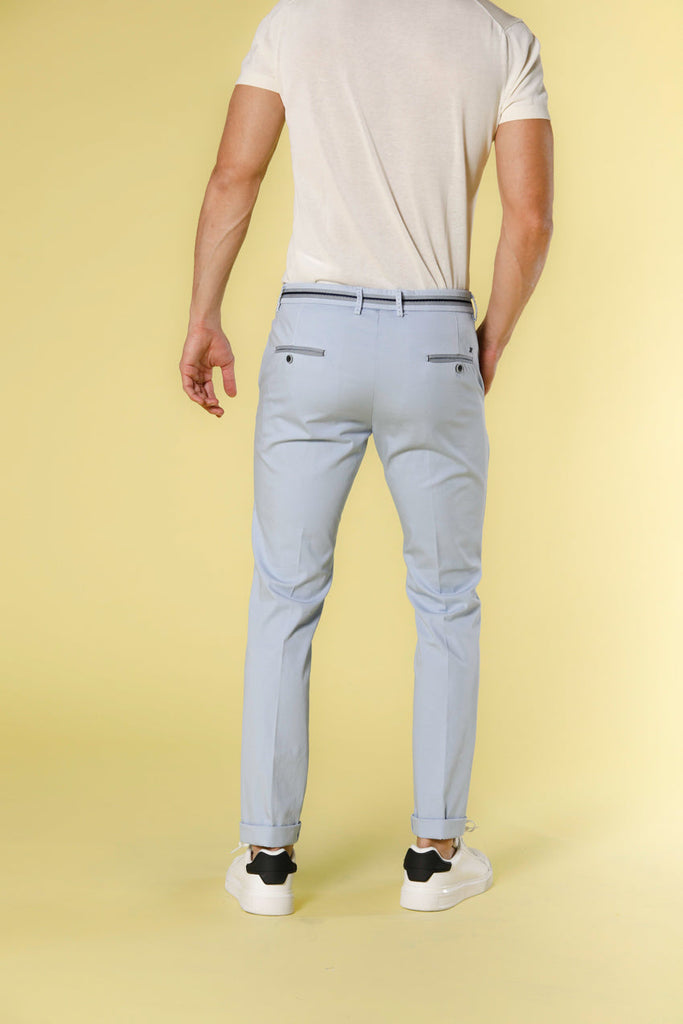 Image 4 of men's sky-colored stretch satin chino pants with ribbons model Torino Tapes by Mason's